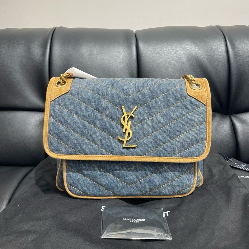 聖羅蘭｜YSL Niki牛仔麂皮中號 丹寧金扣-0
