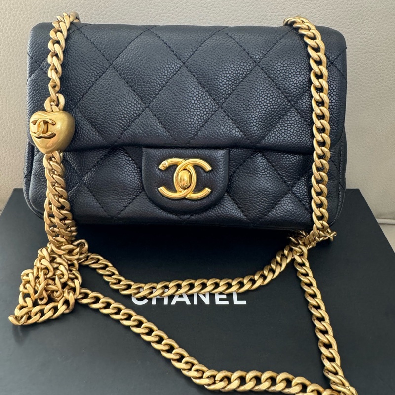 99新 chanel 香奈兒方胖子愛心調節扣 黑金荔枝皮-1