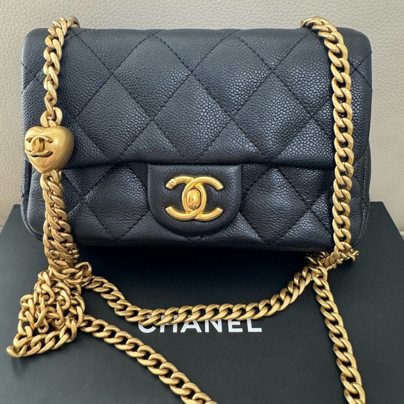 99新 chanel 香奈兒方胖子愛心調節扣 黑金荔枝皮-12