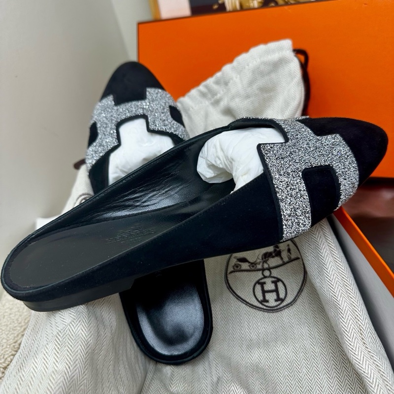 閒置新 未使用愛馬仕/Hermès H銀色鑽黑色穆勒拖半拖，36碼-1