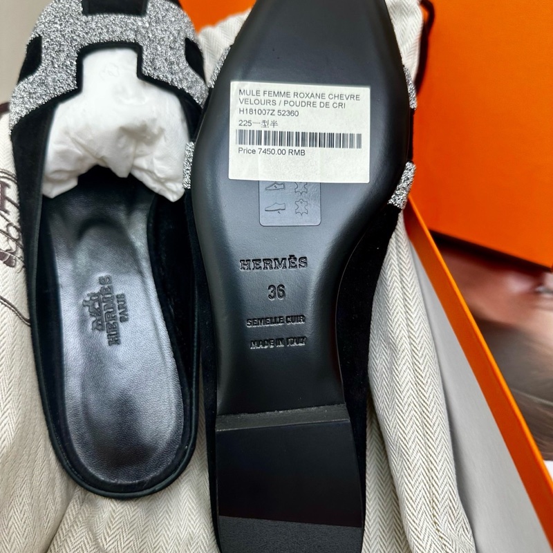 閒置新 未使用愛馬仕/Hermès H銀色鑽黑色穆勒拖半拖，36碼-3