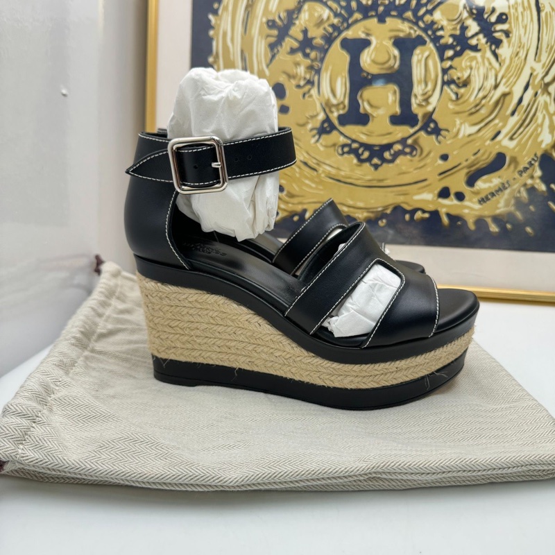 愛馬仕/Hermès黑色草編坡跟涼鞋 松糕厚底鞋 36碼 高9cm 經典款-1
