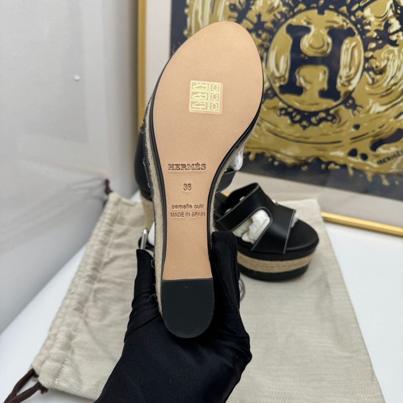 愛馬仕/Hermès黑色草編坡跟涼鞋 松糕厚底鞋 36碼 高9cm 經典款-2