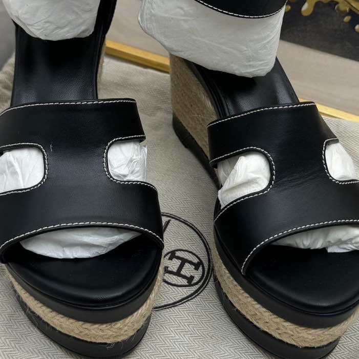 愛馬仕/Hermès黑色草編坡跟涼鞋 松糕厚底鞋 36碼 高9cm 經典款-4