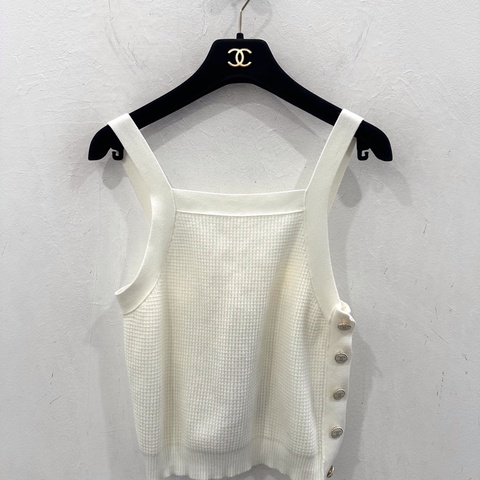 未使用閑置品Chanel香奈兒 側面雙C紐扣logo女款白色吊帶背心 34碼