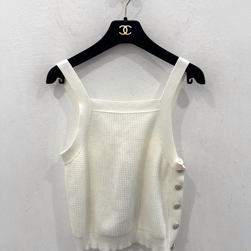 未使用閑置品Chanel香奈兒 側面雙C紐扣logo女款白色吊帶背心 34碼-0