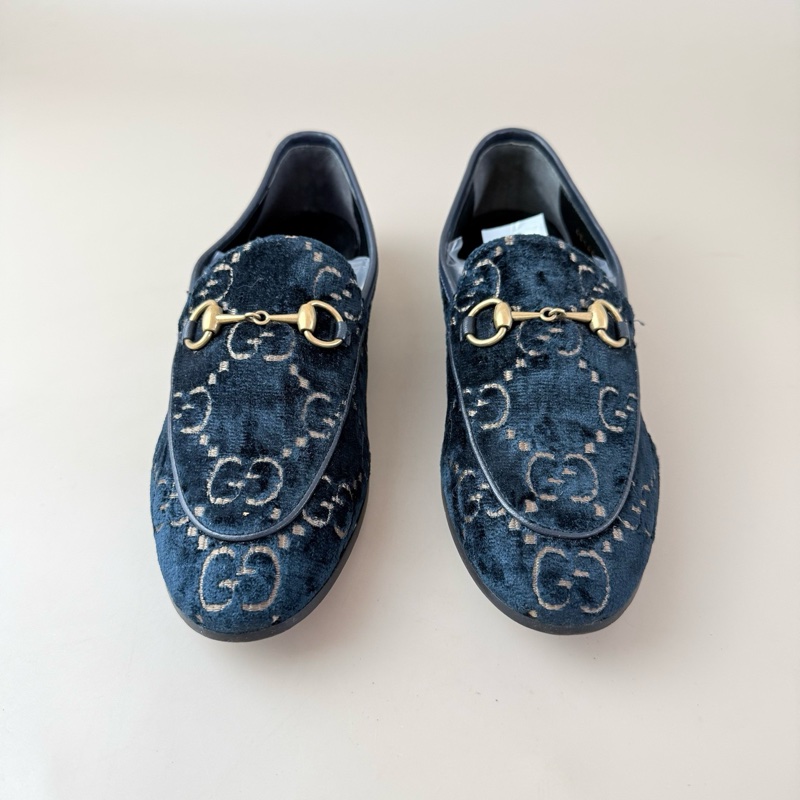 GUCCI/古驰 丝绒双G深蓝低跟鞋 36码 98新 品相不错-1