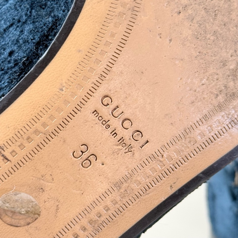 GUCCI/古驰 丝绒双G深蓝低跟鞋 36码 98新 品相不错-3
