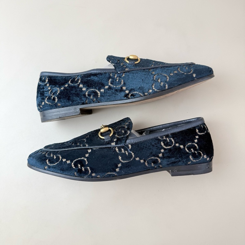 GUCCI/古驰 丝绒双G深蓝低跟鞋 36码 98新 品相不错-4