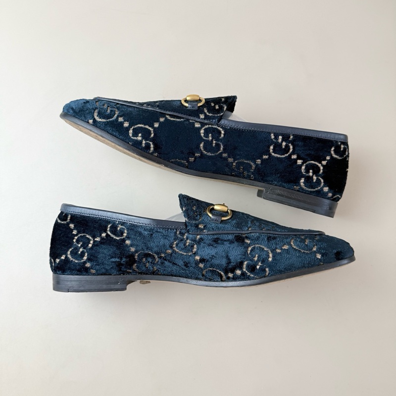 GUCCI/古驰 丝绒双G深蓝低跟鞋 36码 98新 品相不错-5