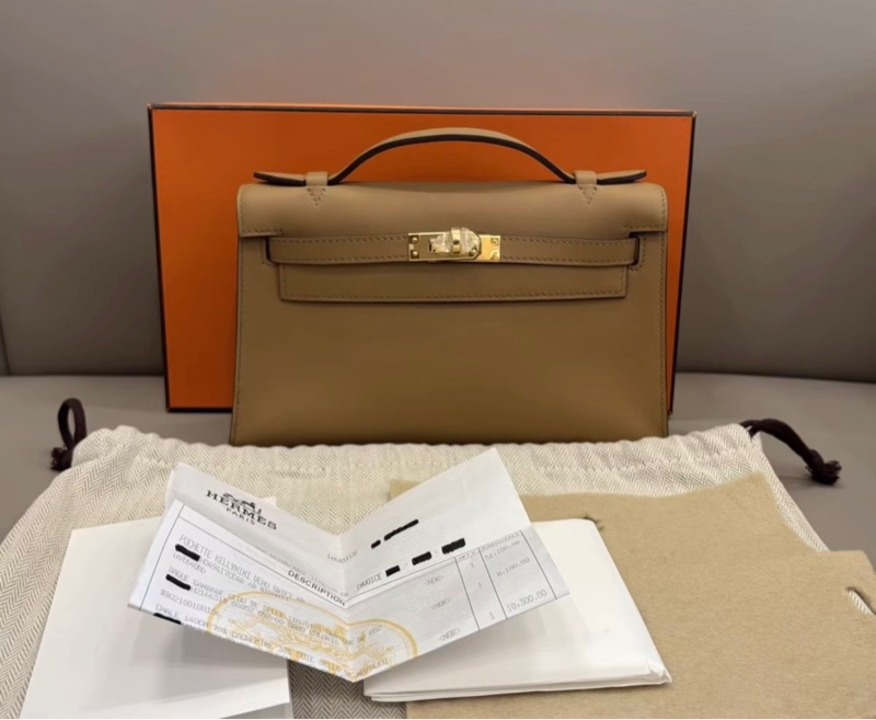 HERMES愛馬仕miniKelly一代餅乾色S皮U刻盒子塵袋毛氈發票白卡~~-3