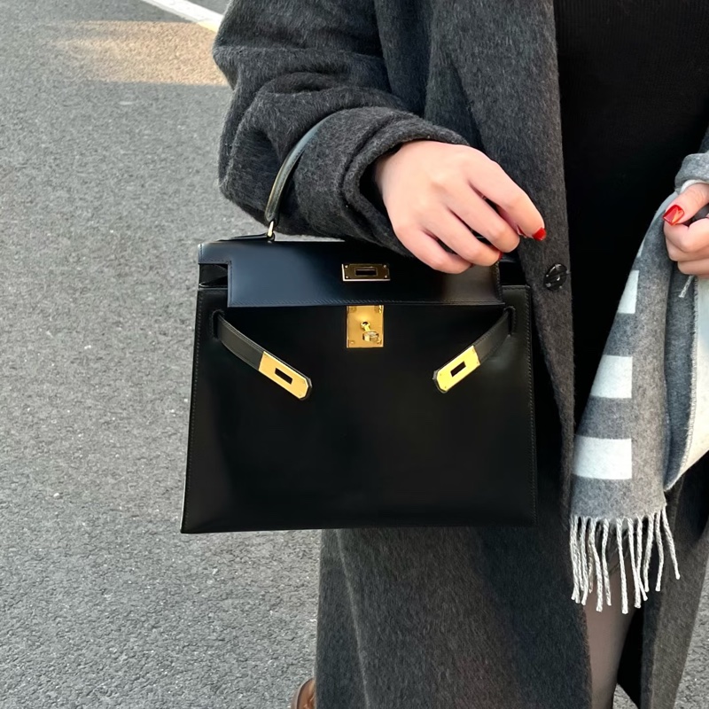 原廠鑰匙鎖肩帶齊全❤️ #愛馬仕 #kelly28 #黑金 #box皮 #中古款-7