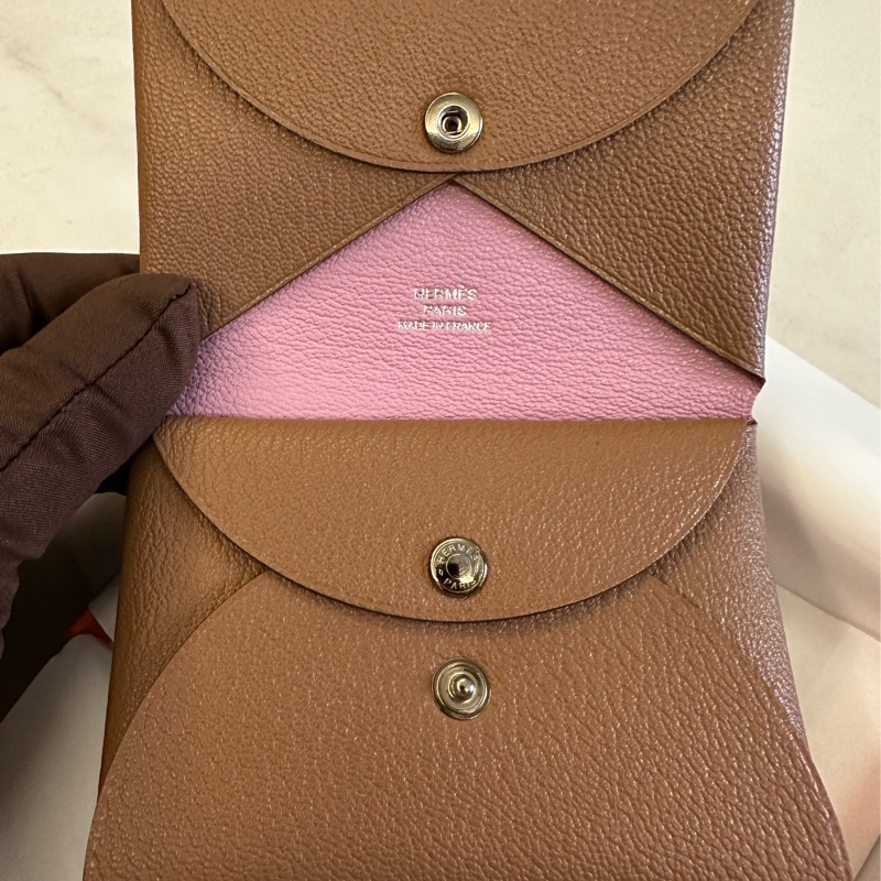 Hermes Calvi Duo 短卡夾 雀木色拼粉色-3