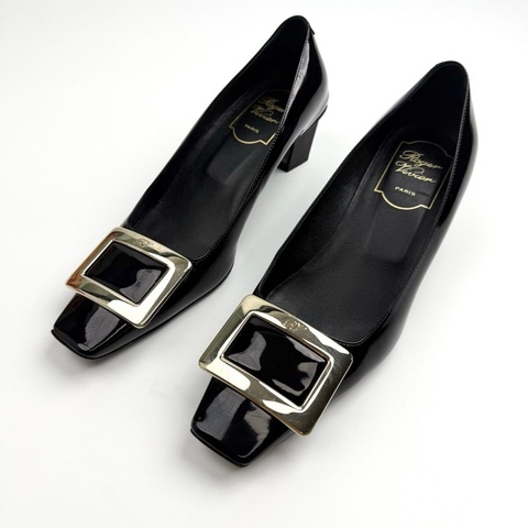 99新Roger Vivier 華倫天奴 rv/黑色方扣高跟鞋/36碼/ 無附件
