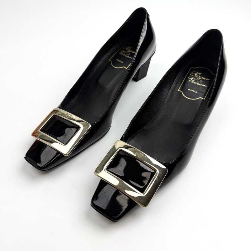 99新Roger Vivier 華倫天奴 rv/黑色方扣高跟鞋/36碼/ 無附件-0