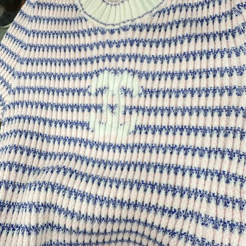 Chanel 香奈兒 粉藍條紋雙C logo圓領針織衫 38碼 jennie 詩詩同款 很嫩的配色 彈性較大-2