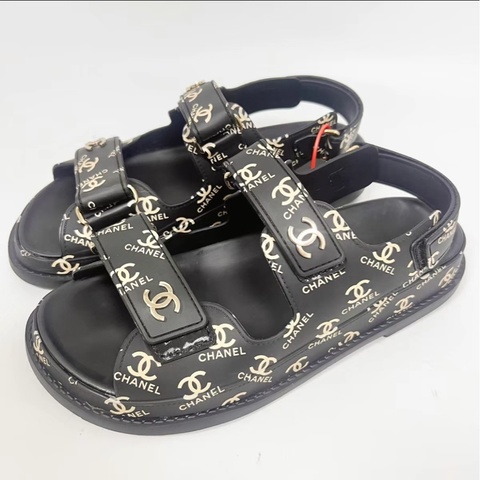 99新 Chanel香奈兒 38碼 黑色滿印涼鞋 無附件