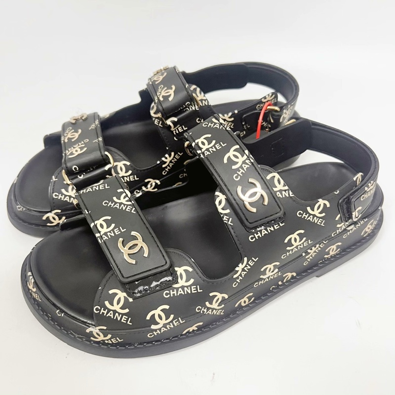 99新 Chanel香奈兒 38碼 黑色滿印涼鞋 無附件-1