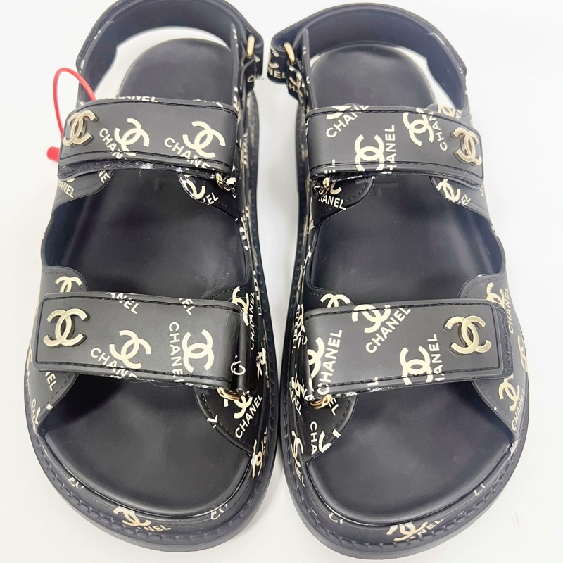 99新 Chanel香奈兒 38碼 黑色滿印涼鞋 無附件-3
