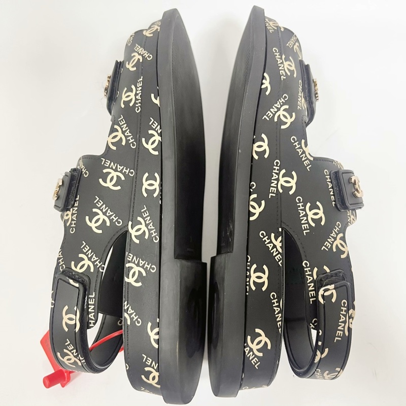 99新 Chanel香奈兒 38碼 黑色滿印涼鞋 無附件-5