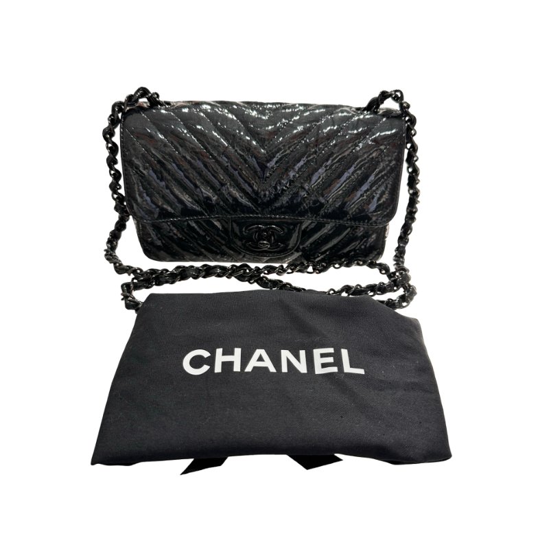 CHANEL Patent Leather MINI FLAP 20 CM Cross Body Bag Black-12