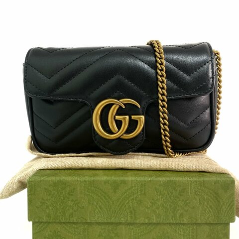 △ Gucci 古馳 Black Calfskin GG Marmont Mini Chain Crossbody Bag 476433 黑色小牛皮鎖鏈斜背袋 - 267005566