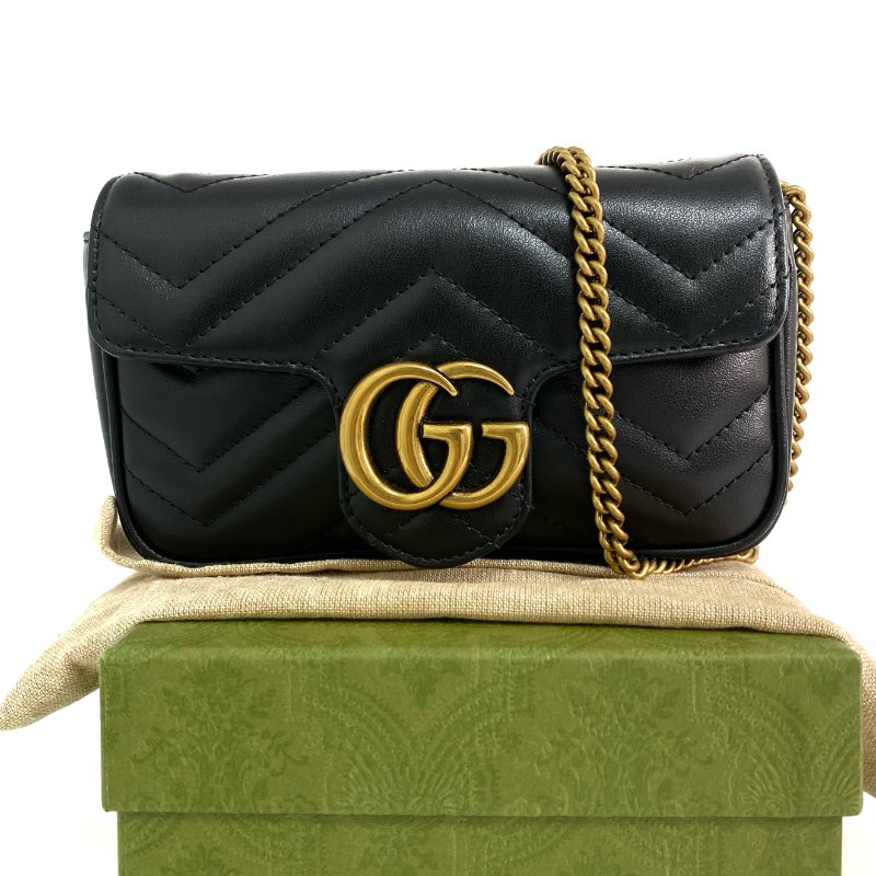 △ Gucci 古馳 Black Calfskin GG Marmont Mini Chain Crossbody Bag 476433 黑色小牛皮鎖鏈斜背袋 - 267005566-0