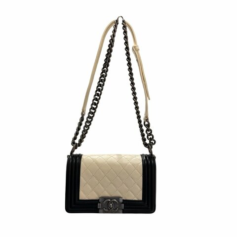 CHANEL Lambskin Leather Boy 20cm Shoulder Bag Black White