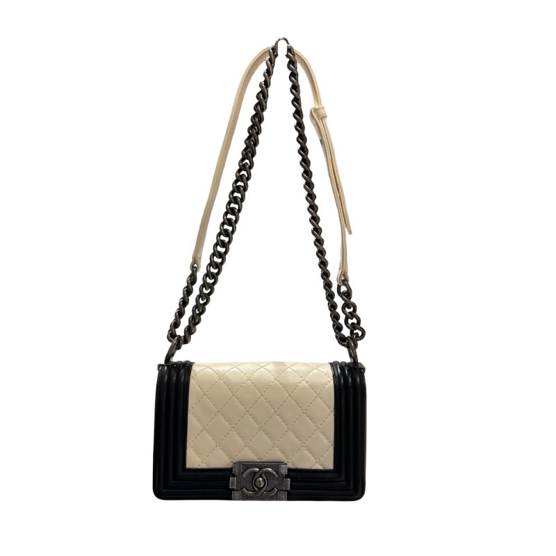 CHANEL Lambskin Leather Boy 20cm Shoulder Bag Black White-0