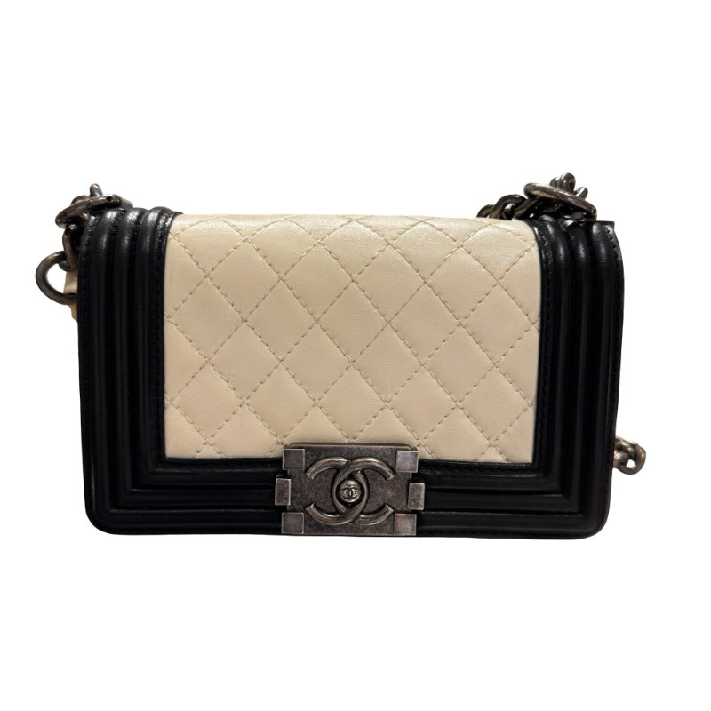 CHANEL Lambskin Leather Boy 20cm Shoulder Bag Black White-3