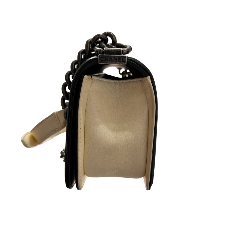 CHANEL Lambskin Leather Boy 20cm Shoulder Bag Black White-5