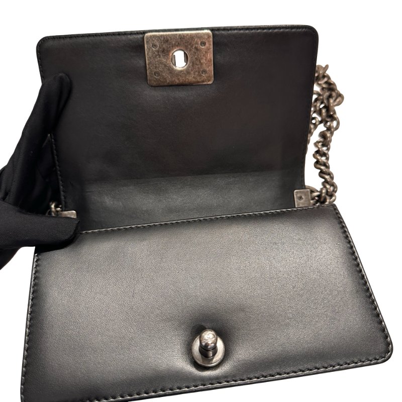 CHANEL Lambskin Leather Boy 20cm Shoulder Bag Black White-6