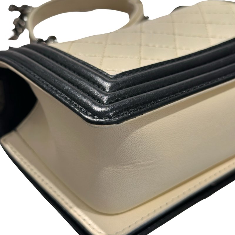 CHANEL Lambskin Leather Boy 20cm Shoulder Bag Black White-7
