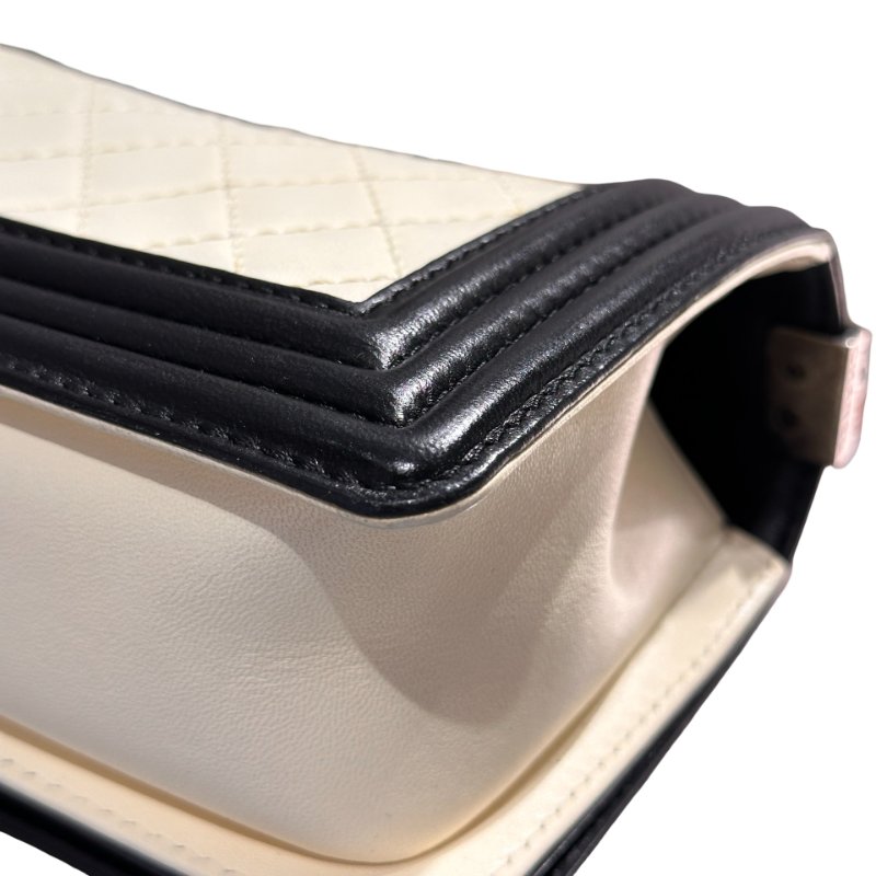 CHANEL Lambskin Leather Boy 20cm Shoulder Bag Black White-8