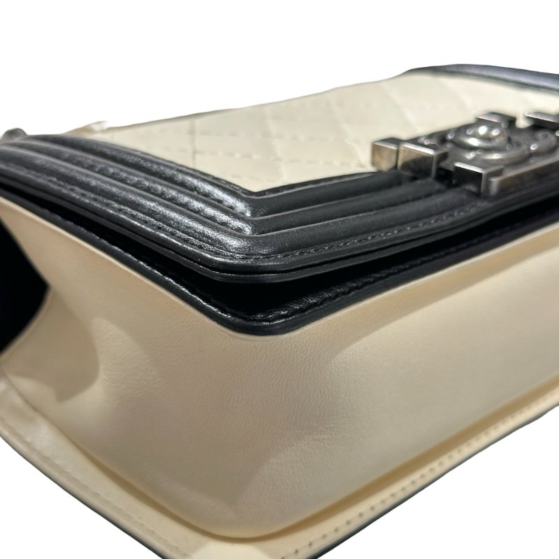 CHANEL Lambskin Leather Boy 20cm Shoulder Bag Black White-11