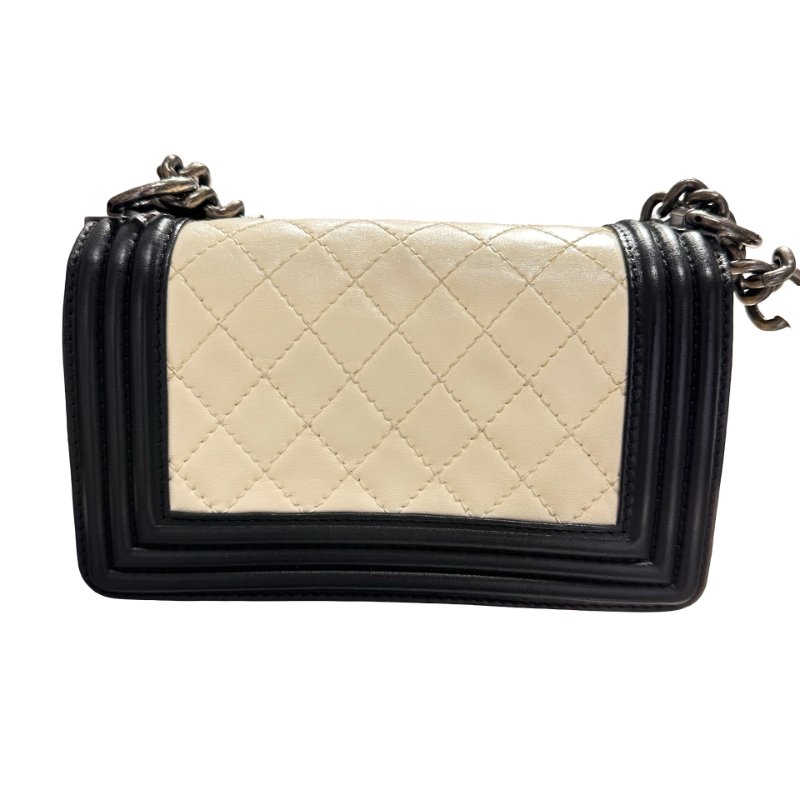 CHANEL Lambskin Leather Boy 20cm Shoulder Bag Black White-12