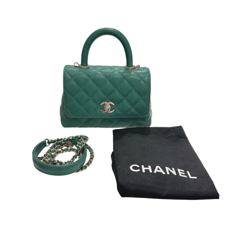CHANEL Calfskin Leather Mini coco handle Two Way Shoulder Bag Green GHW-1