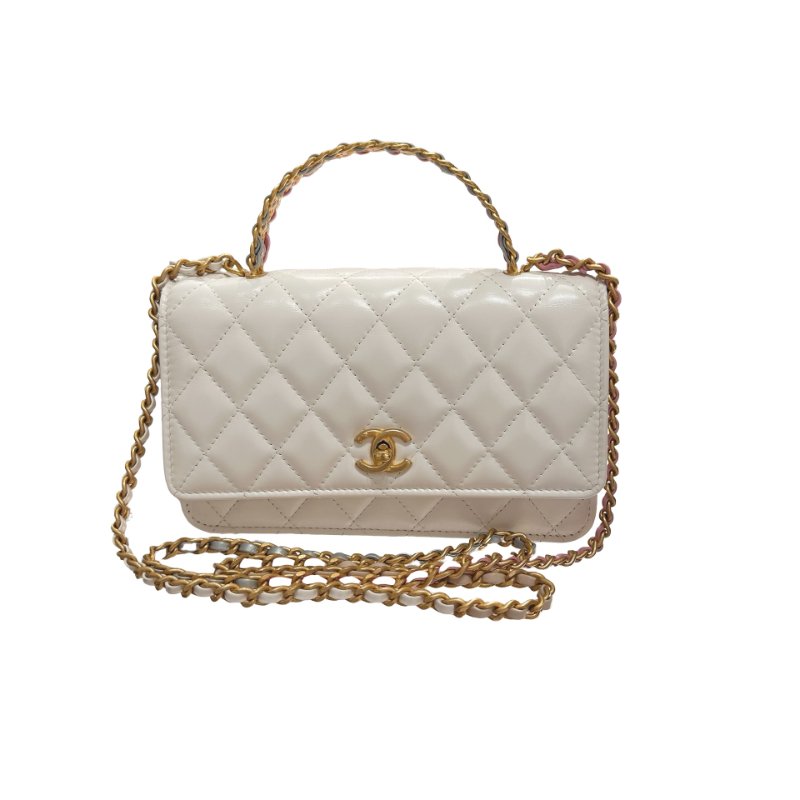 CHANEL Lambskin Leather 23P RAINBOW TOP HANDLE WOC Cross Body Bag White GHW-0