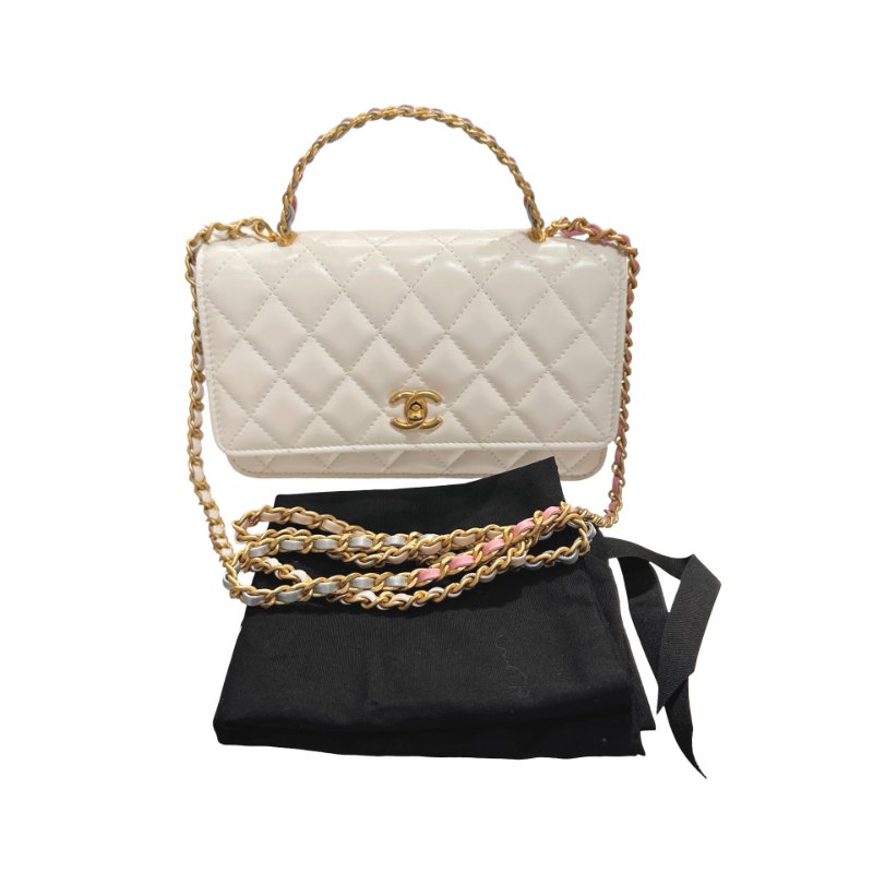 CHANEL Lambskin Leather 23P RAINBOW TOP HANDLE WOC Cross Body Bag White GHW-1