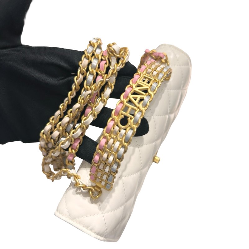 CHANEL Lambskin Leather 23P RAINBOW TOP HANDLE WOC Cross Body Bag White GHW-11