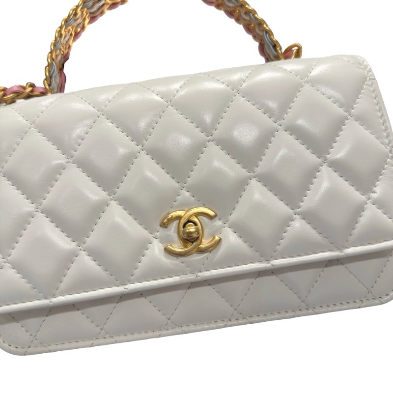 CHANEL Lambskin Leather 23P RAINBOW TOP HANDLE WOC Cross Body Bag White GHW-12