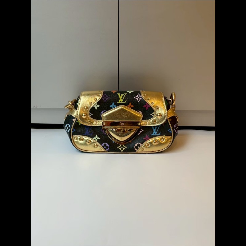 LV 黑彩金釦肩側包-0