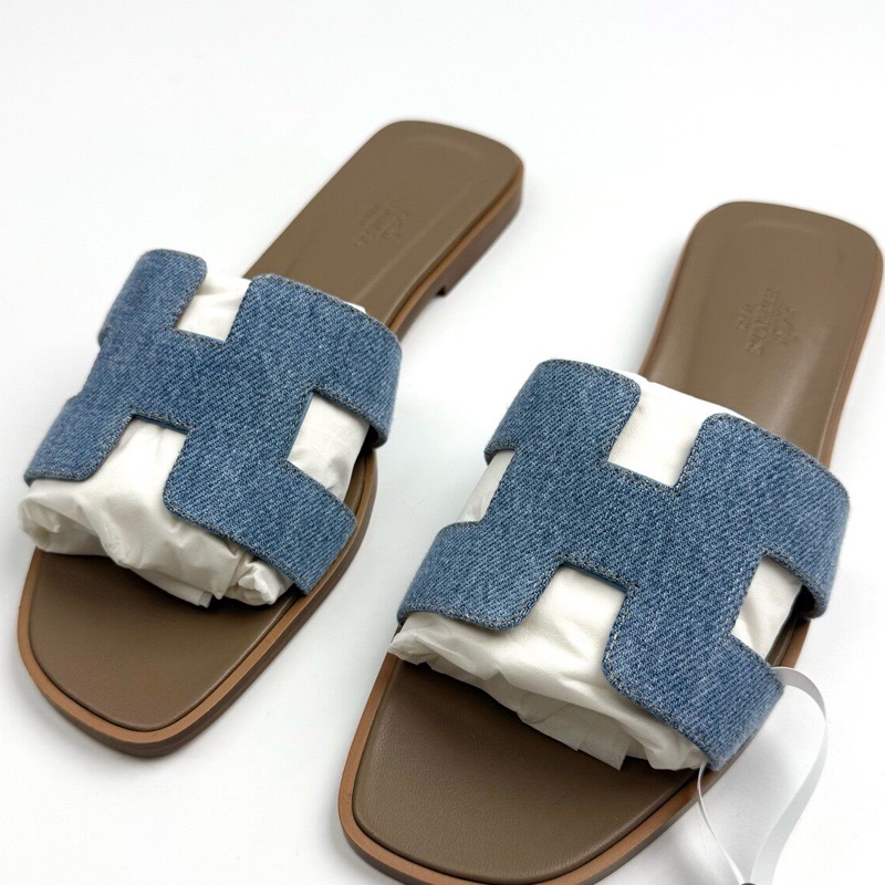 閒置新Hermes/愛馬仕 Oran牛仔拖鞋/38.5碼/全套/牛仔藍拼白/-0