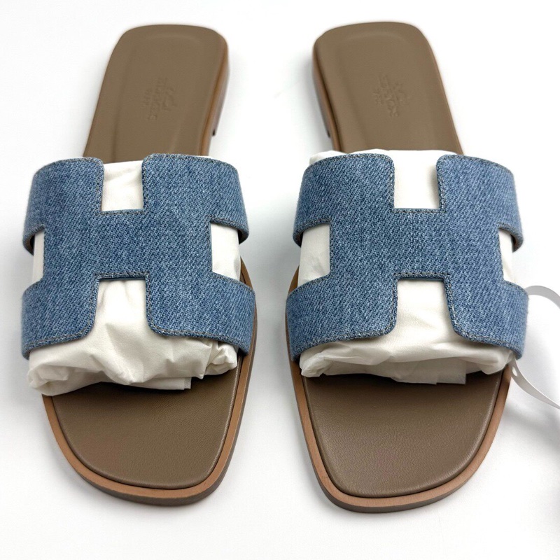 閒置新Hermes/愛馬仕 Oran牛仔拖鞋/38.5碼/全套/牛仔藍拼白/-1