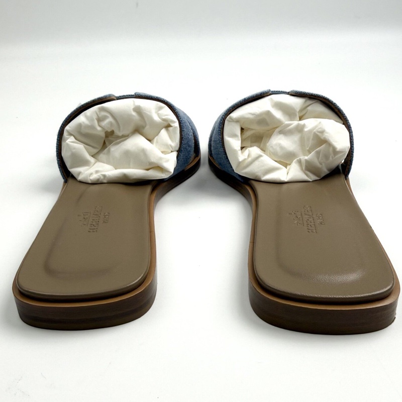 閒置新Hermes/愛馬仕 Oran牛仔拖鞋/38.5碼/全套/牛仔藍拼白/-2