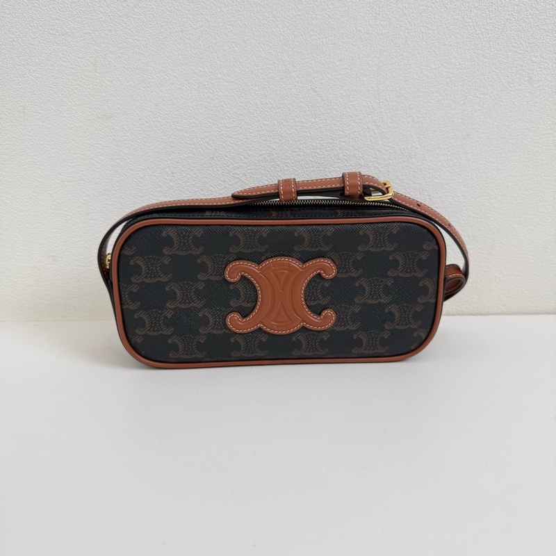 賽琳/Celine 深棕色標誌印花迷你單肩包 金扣 尺寸:19*10*3cm-0