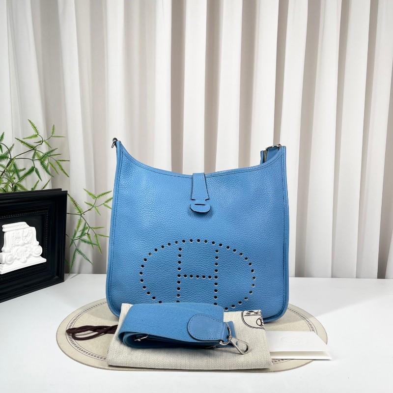 wwh bj HERMES愛馬仕 框R刻 牛仔藍Evelyne伊芙琳29 經典款 皮質細膩 五金亮澤 銀扣 肩帶可調節 可單肩可斜挎-0