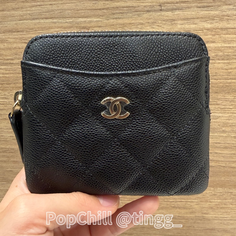 Chanel 黑荔枝牛皮菱格紋金釦拉鍊吐司零錢卡包AP2061-0