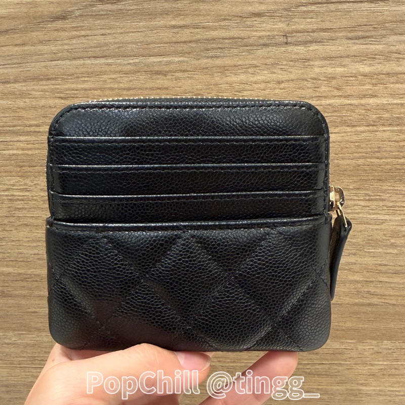 Chanel 黑荔枝牛皮菱格紋金釦拉鍊吐司零錢卡包AP2061-1