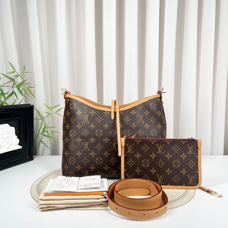 LV路易威登 26年2月票 芯片款 Carryall PM小號子母包 經典老花滿印購物袋 塗層帆布拼牛皮飾邊 手提單肩包托特包 女款 棕色-1